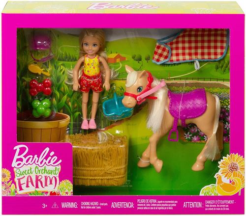 Barbie coffret chelsea avec son poney brun avec botte de paille et accessoires - jouet fille ferme - centre equestre - nouveaute