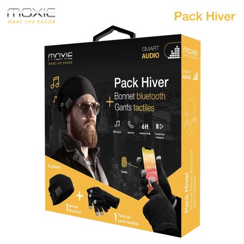 Pack Bonnet Bluetooth et Gants Tactiles Noir pour téléphone mobile et tablette iOS et Android, Microphone Intégré, Pack Hiver Moxie