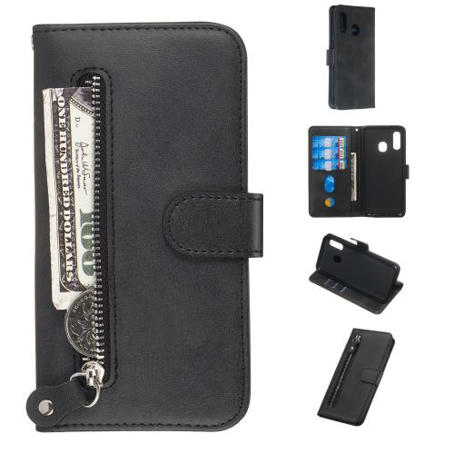 Etui en PU poche à fermeture éclair avec support noir pour votre Samsung Galaxy A20e
