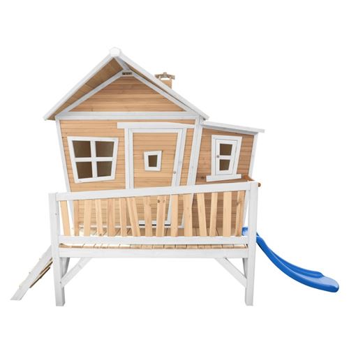 Cabane asym&eacute;trique en bois sur pilotis avec toboggan 118 cm bleu