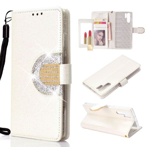 Etui en PU décor strass scintillant avec miroir blanc pour votre Huawei P30 Pro