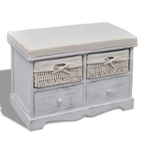 Banc de rangement blanc en bois avec 2 paniers de tissage et 2 tiroirs