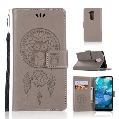 Etui en PU attrape-rêve de hibou gris pour votre Nokia 7.1 Plus