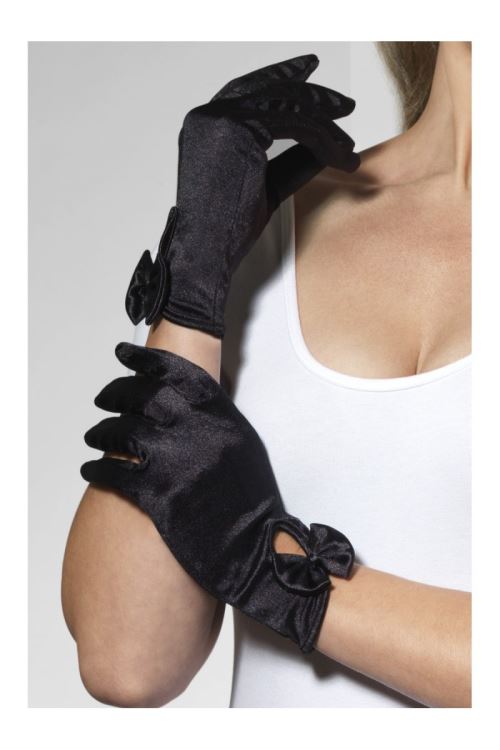 Gants courts noirs en satin avec noeud