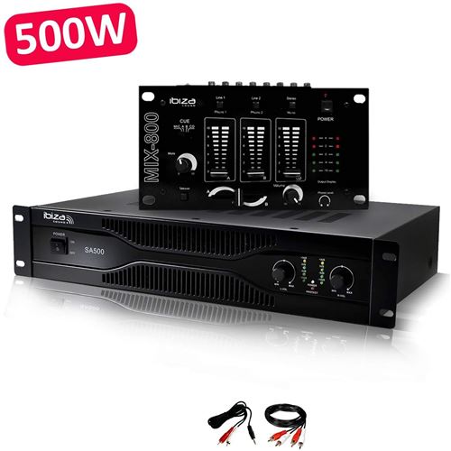 Pack sono dj amplificateur 500w ibiza sound sa500 + table de mixage mix800 + c&acirc;blages rca + pc