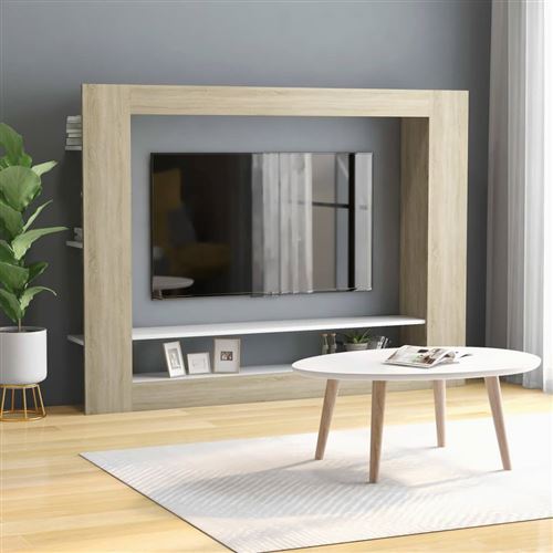 vidaXL Meuble TV Blanc et chêne sonoma 152x22x113cm bois d'ingénierie