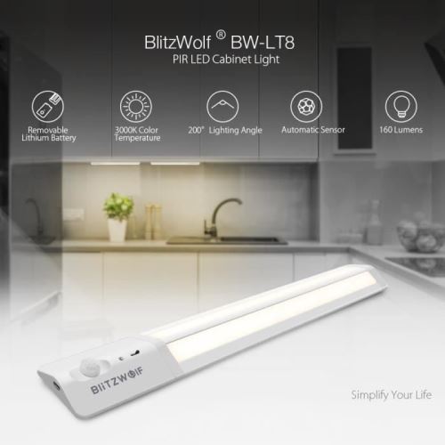 BlitzWolf LED Lampe de Placard avec Détecteur Mouvement Rechargeable 3000K Blanc Chaud Bande Magnétique 3M pour Cabinet Placard