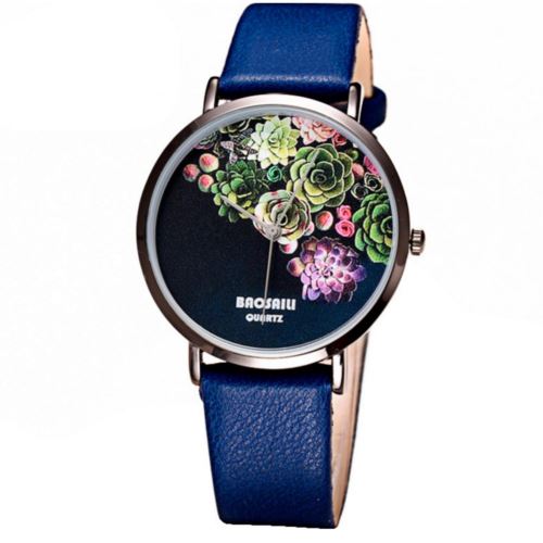 Montre en cuir pour dames à quartz floral noir Bleu