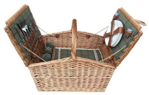 4 Personne verte Tweed Double Lidded Aménagée Panier pique-nique