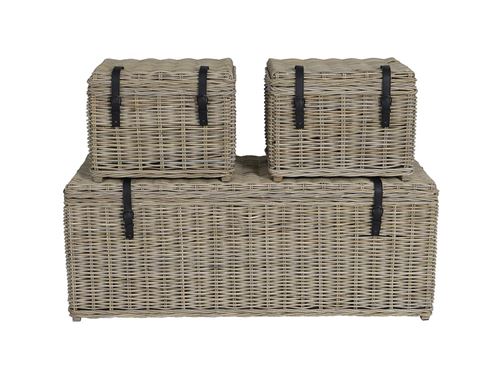 Lot de 3 malles de rangement en kubu et acajou BORAMA - L140 x P55 x H55 cm et L55 x P45 x H42 cm - Gris naturel