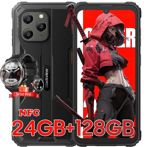 Blackview BV5300 Plus Téléphone Portable Incassable Android 13 6,1 128 Go 6580mAh NFC Noir avec Smartwatch Blackview W50 Pro