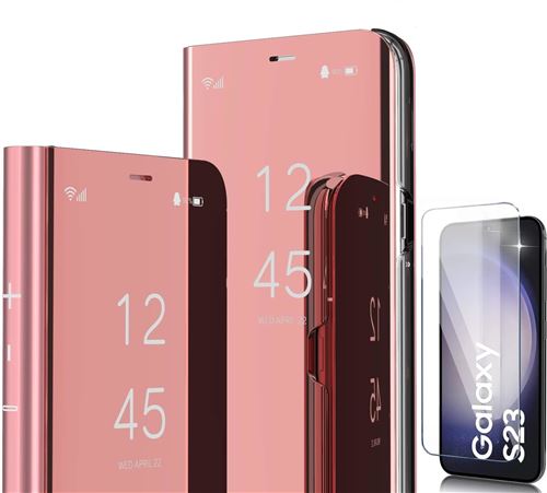 Coque Folio Rabat Miroir Pour Samsung Galaxy S23 Couleur Rose + Verre Trempe Protection Ecran Little Boutik©