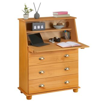 Bureau secrétaire GOMES rangement avec abattant 1 étagère et 3 tiroirs, plan de travail rabattable, pin massif finition teintée/ciré - 1