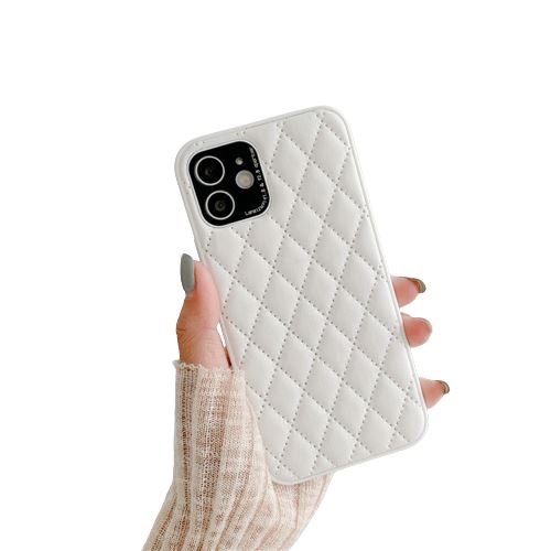 Coque en cuir souple à carreaux losanges de luxe FONGWAN pour iPhone 12-Blanc