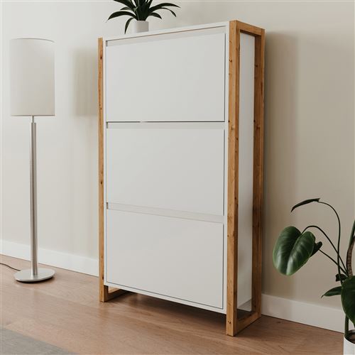 Meuble à chaussures 3 abattants 70x25x125 cm blanc et chêne - DAYTON