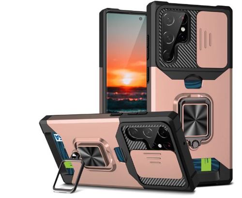 Coque pour Samsung Galaxy S22 Ultra 5G Frusde avec Support et Protection d'objectif et porte-carte - Rose