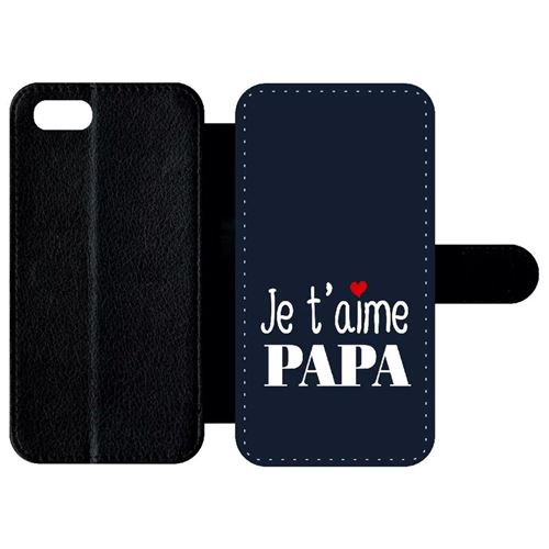 Etui My-Kase pour iPhone Se 2020 - je t aime papa fond bleu - Simili-cuir Noir