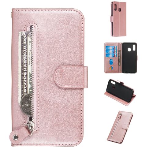 Etui en PU poche à fermeture éclair avec support or rose pour votre Samsung Galaxy A20e