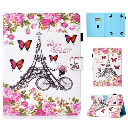 Etui en PU porte-cartes universel de 10 pouces Tour Eiffel et fleur pour votre Apple iPad 9.7 (2018)/Samsung Tab S3 9.7 etc
