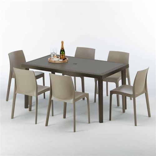 Table rectangulaire 6 chaises Poly rotin resine 150x90 marron Focus, Chaises Modèle: Rome Beige Juta