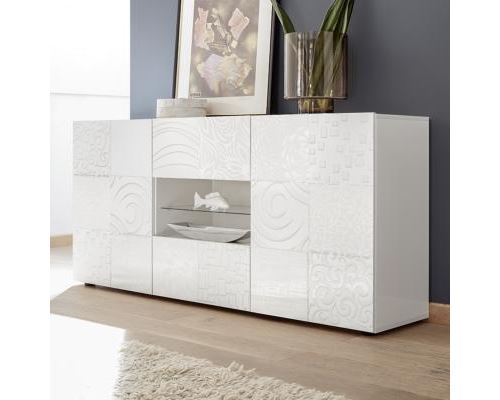 Buffet blanc laqué 180 cm design ELMA avec éclairage LED - L 181 x P 42 x H 84 cm