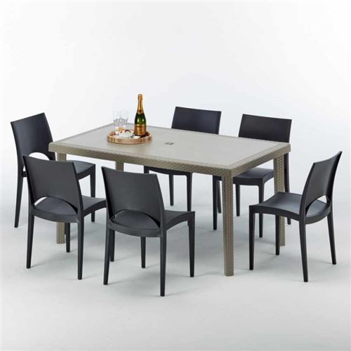 Table rectangulaire et 6 chaises Poly rotin resine ensemble bar cafè exterieur 150x90 Beige Marion, Chaises Modèle: Paris Noir anthracite