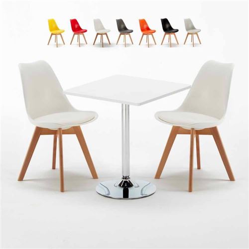 Table Carrée Blanche 70x70cm Avec 2 Chaises Colorées Set Intérieur Bar Café Nordica Cocktail, Couleur: Blanc