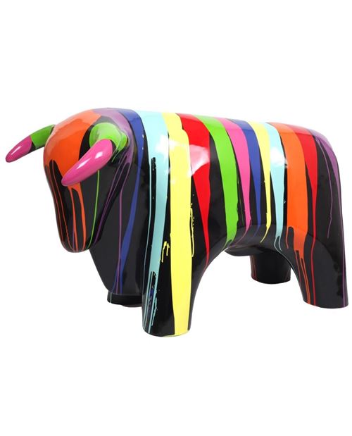 Statue taureau design multicolore (Michel) en résine fond noir - 110 cm
