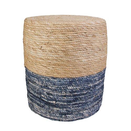 Pouf tressé en jonc Blue Lagoon - Diam. 35 cm - Bleu
