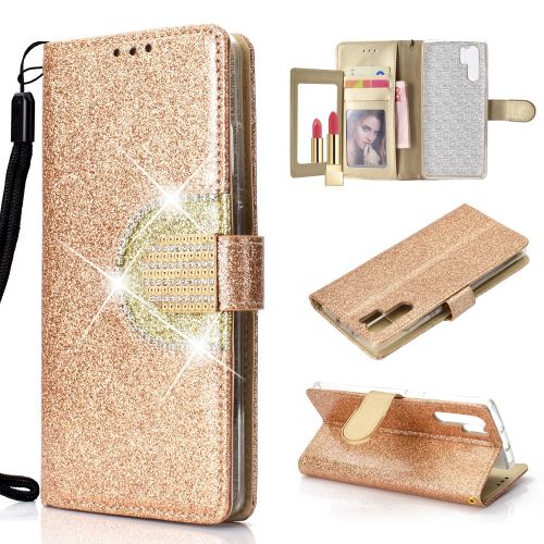 Etui en PU décor strass scintillant avec miroir or pour votre Huawei P30 Pro