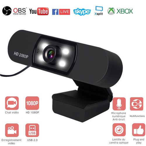 RiSheng Webcam HD 1080P Live Streaming avec Microphone Anti-bruit et 4 LED USB Caméra Web PC Plug et Play pour Vidéo et Enregistrement