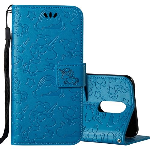LG K10 (2017) Housse Etui Cuir PU Gravé Licorne Mignonne Bleu ALS54207