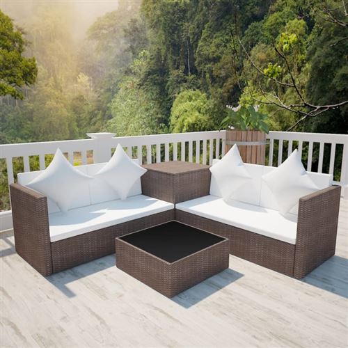 Vidaxl Blanc Salon De Jardin 4 Pcs Avec Coussins Résine Tressée Marron