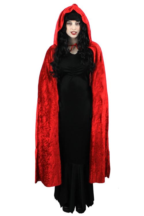 Un déguisement de vampire avec une cape de 135cm rouge en velour à capuche pour adulte. Ideal pour les fêtes d'Halloween.