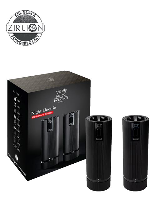 You're sure to fall in love with Peugeot's electric Night set. Presented in a sublime black gift display box, your loved ones are sure to be delighted with the Line electric salt and pepper mills. Elegance and performance are the keywords of these two compact and innovative rechargeable electric mills. Night Electric