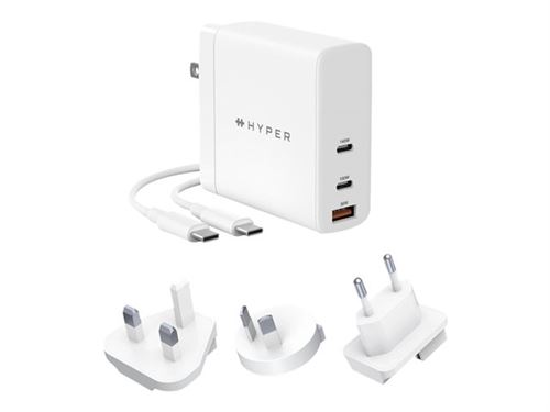 HyperJuice - Adaptateur secteur - technologie GaN - 140 Watt - Power Delivery 3.1, QC 3.0 - 3 connecteurs de sortie (USB, 2 x USB-C) - blanc