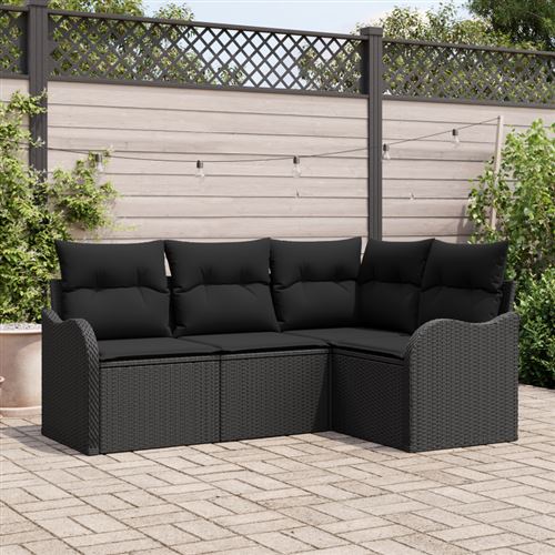 Ensemble de Canapé de Jardin 4 Pièces avec Coussins en Rotin Noir