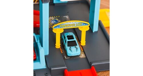 Garage parking voitures enfant - 5 niveaux, 4 voitures, 1 hélicoptère -  ascenseur manuel, station-service, pont élévateur - pp abs bleu rouge jaune  - Circuit voitures - Achat & prix