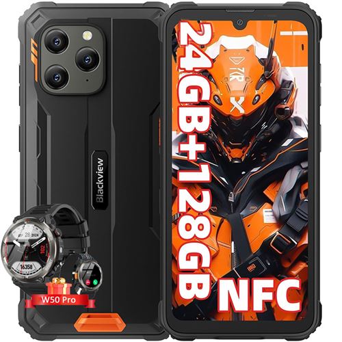 Blackview BV5300 Plus Téléphone Portable Incassable Android 13 6,1 128 Go 6580mAh Orange avec Smartwatch Blackview W50 Pro