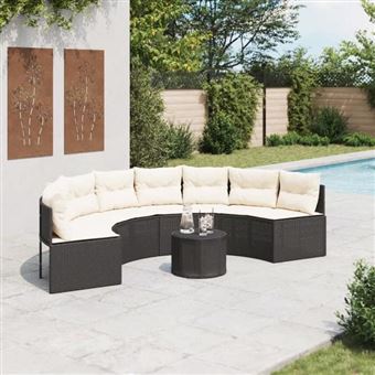 vidaXL Canapé de jardin table coussins demi-rond noir résine tressée, canapé d’extérieur, canapé de forme demi-ronde, canapé 3318526 - 1