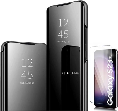 Coque Folio Rabat Miroir Pour Samsung Galaxy S23 Plus Couleur Noir + Verre Trempe Protection Ecran Little Boutik©