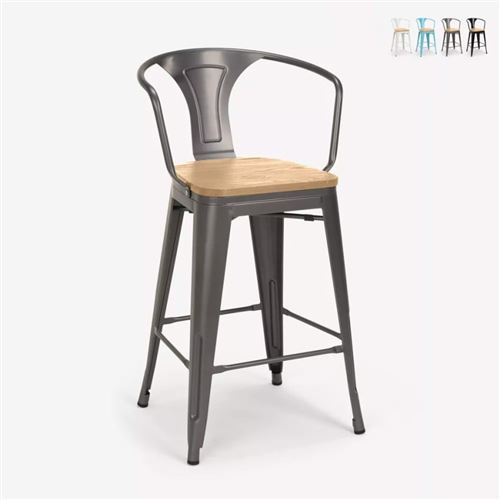 Tabouret haut de bar et cuisine design industriel style Tolix Steel Wood Back Light, Couleur: Gris foncé