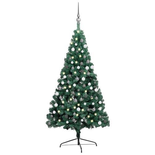 Demi-arbre de Noël artificiel pré-éclairé et boules vert 210 cm