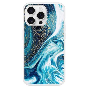 Coque renforcée rigide - Compatible  iPhone 16 Pro Max - design marbre bleu paillete - 1