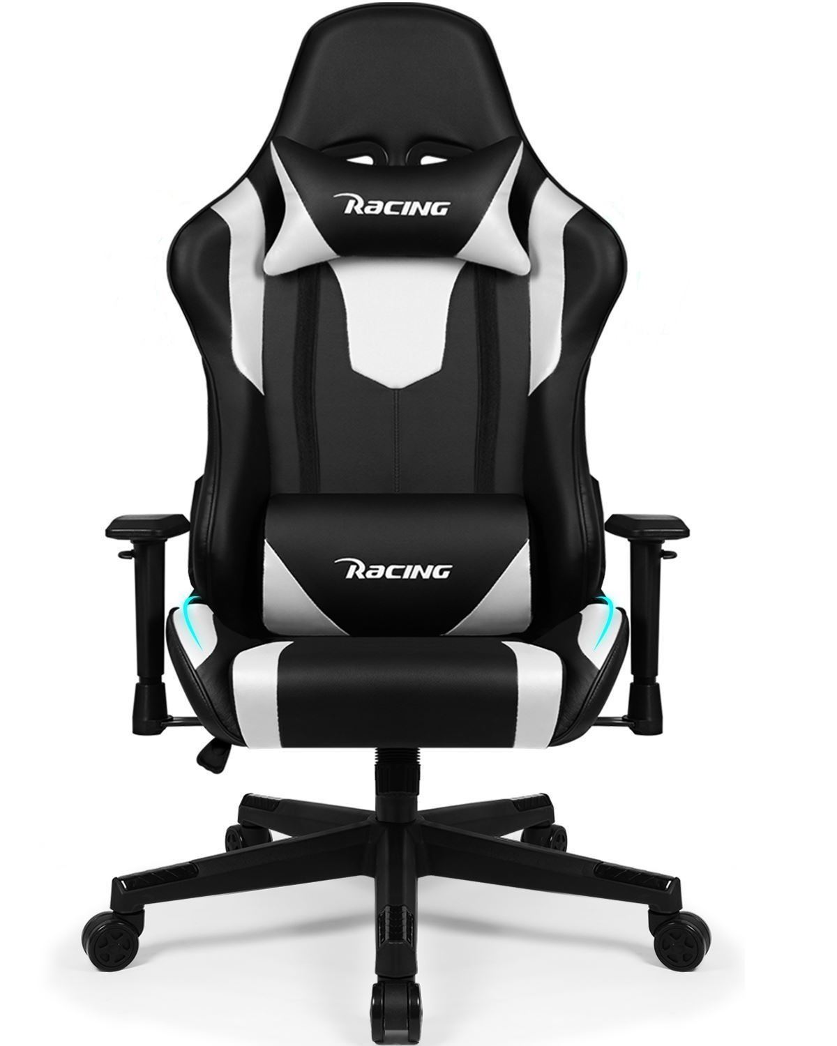 Chaise Gaming, Charge 150KG Fauteuil Gamer Ergonomique Assise de 56CM, Appui-Tete, Coussin Lombaire et Accoudoirs Réglables, Noire et Blanche