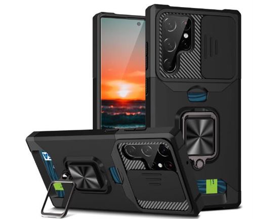 Coque pour Samsung Galaxy S22 Ultra 5G Frusde avec Support et Protection d'objectif et porte-carte - Noir