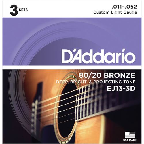 Daddario Bronze D'addario Ej13-3D 80/20 Custom Light, 11-52 (3 Jeux) - Jeu Guitare Acoustique