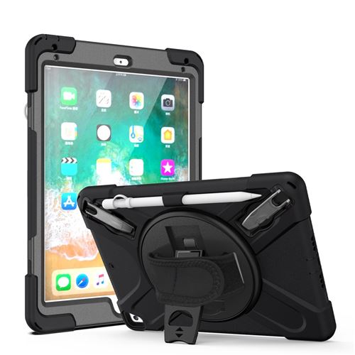 Générique Noir Coque En Tpu + Silicone Combo Avec Béquille Pivotante À 360° Et Sangle Pour Apple Ipad 9.7 Pouces (2018)
