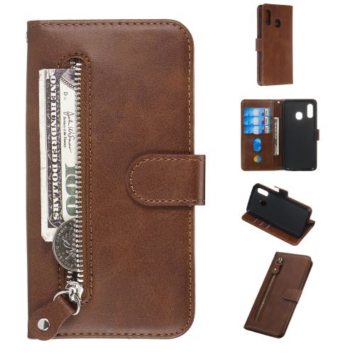 Etui en PU poche à fermeture éclair avec support marron pour votre Samsung Galaxy A20e