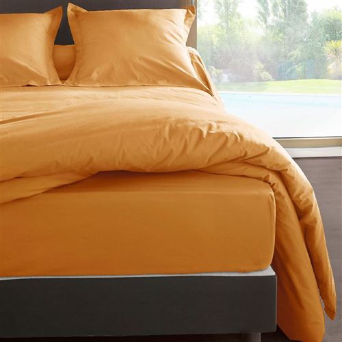 Drap housse percale M&eacute;line 2 LABELISSIM - Jaune miel - 180 x 200 cm